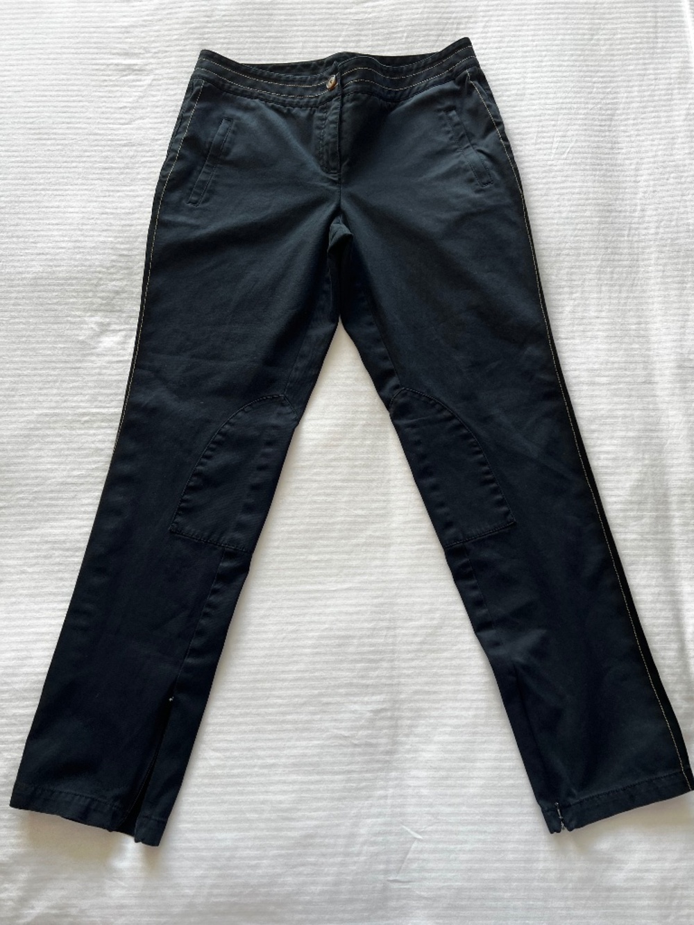 Yansi Fugel black straight leg trousers w/ khaki stitching, inner ankle zippers